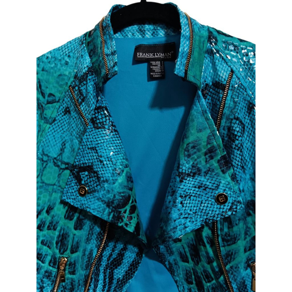Frank Lyman Design Turquoise Python Snake Print Open Front Moto Jacket Gold Zips - Picture 7 of 14